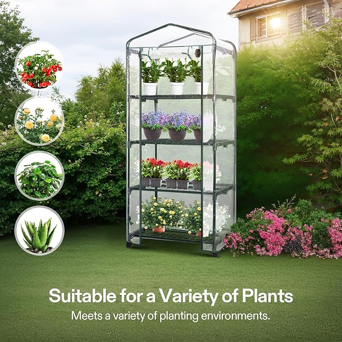 VIVOSUN Mini 4-Tier Greenhouse with Wheels, 27 x 19 x 63-Inch Reusable Portable Warm House with Clear PVC Cover and Shelf for Compact Garden and Small Backyards, with Wheels