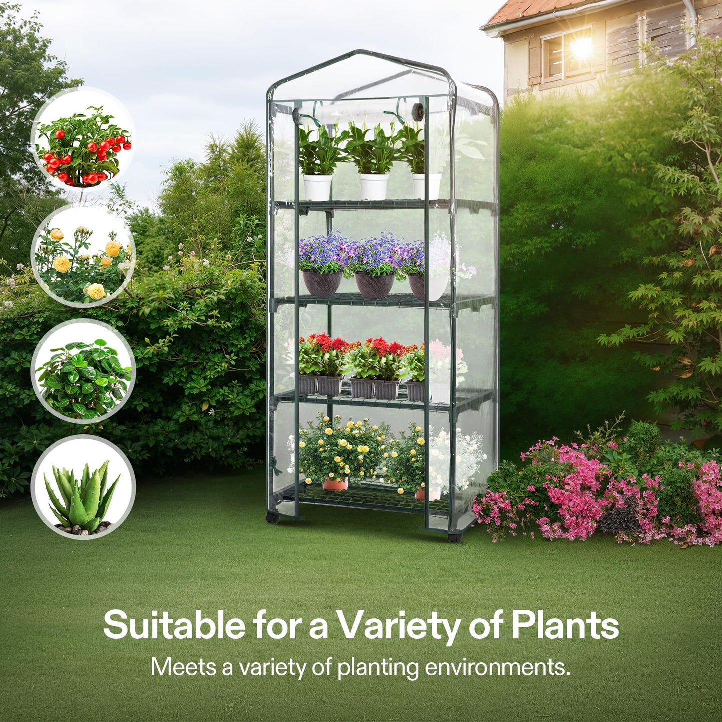 VIVOSUN Mini 4-Tier Greenhouse with Wheels, 27 x 19 x 63-Inch Reusable Portable Warm House with Clear PVC Cover and Shelf for Compact Garden and Small Backyards, with Wheels