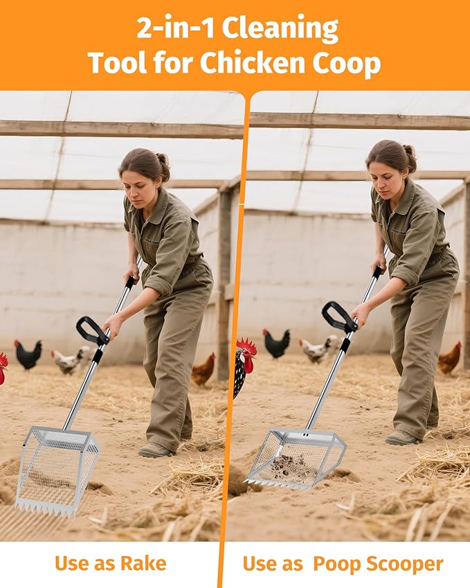 Chicken Poop Scooper & Rake - 2-in-1 Metal Chicken Coop Scoop for Sand with 22 to 62" Adjustable Handle, Litter Sifting Shovel Cleaning Tools for Chicken Run, Animal Farm, Duck Coop, Silver