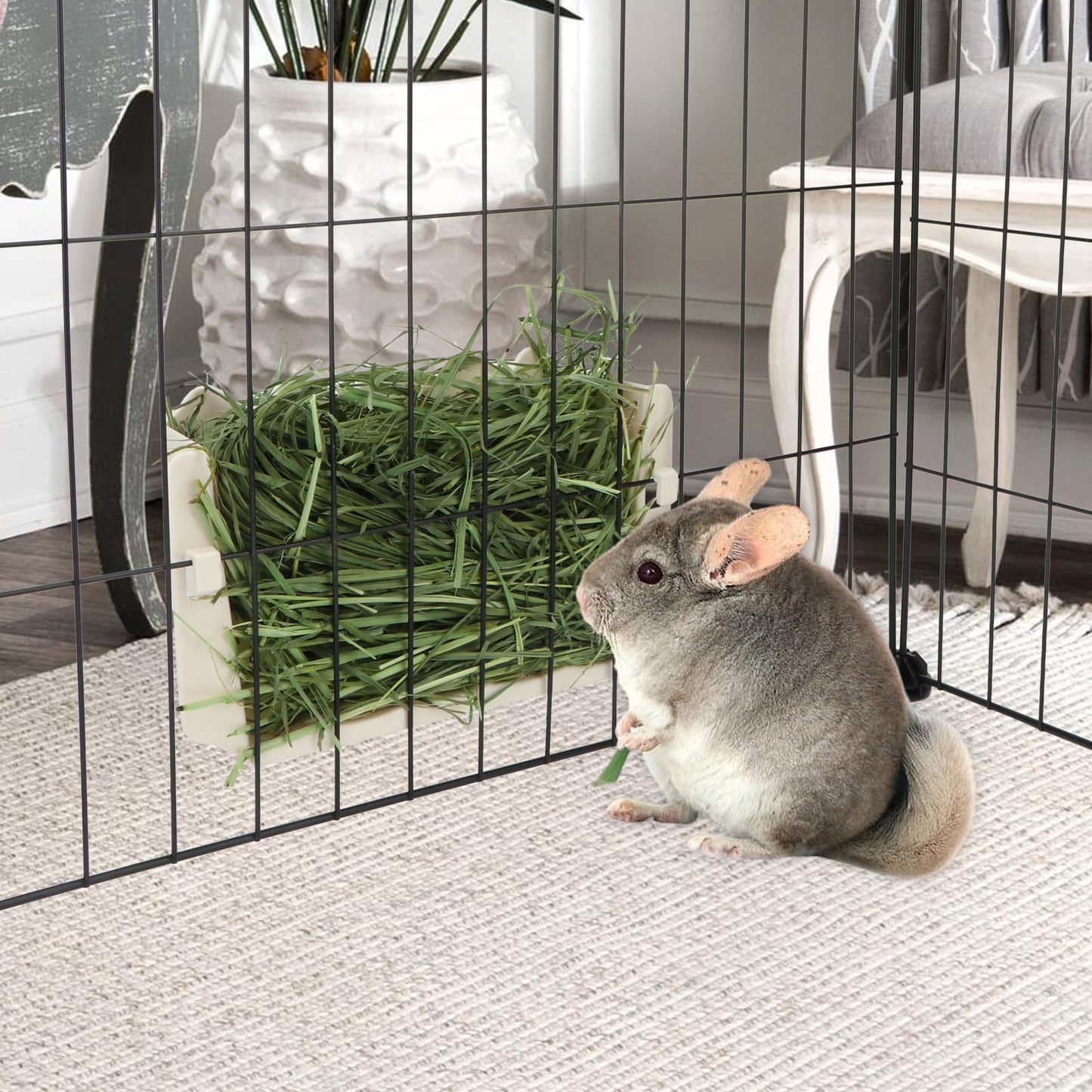 Hypeety Rabbit Hay Feeder Guinea Pig Hay Holder Plastic Automatic Hay Rack Cage Accessories for Bunny Guinea Pig Chinchillas Small Animals (White)