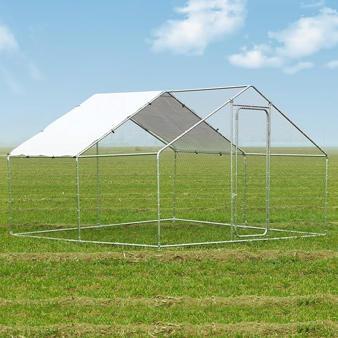 Wonline Large Metal Chicken Coop, Outdoor Walk-in Poultry Spire Top Cage with Climbing Frame Waterproof&Anti-UV Cover, for Hen House, Duck Coop and Rabbit Run, Silver (9.8' L x 9.8' W x 6.56' H)