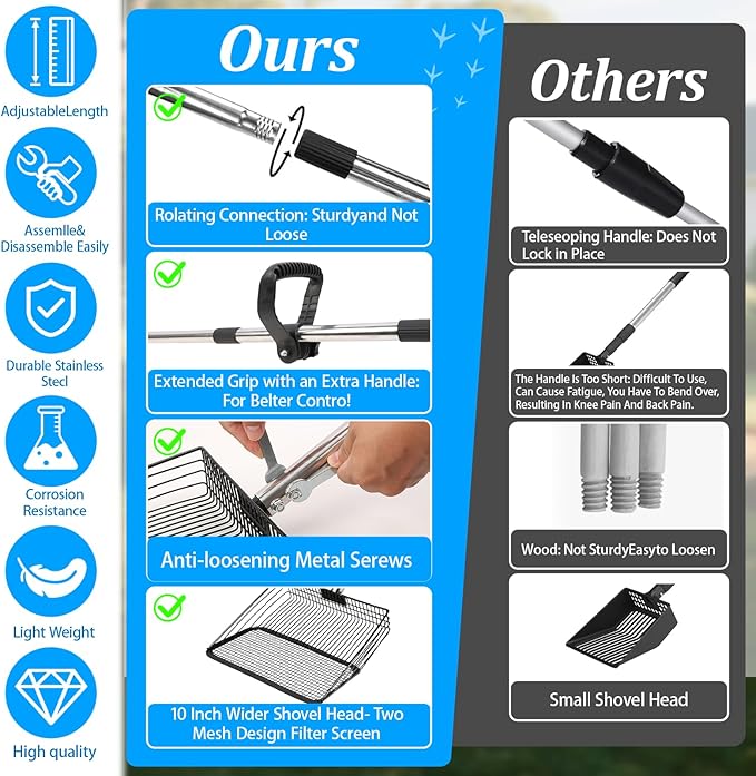 Large Chicken Poop Scooper Chicken Scooper for Poop with 37" to 75" Adjustable Stainless Steel Handle Gloves Litter Sand Sifting Shovel Cleaning Tool for Chicken Coop Goat Stall Stable