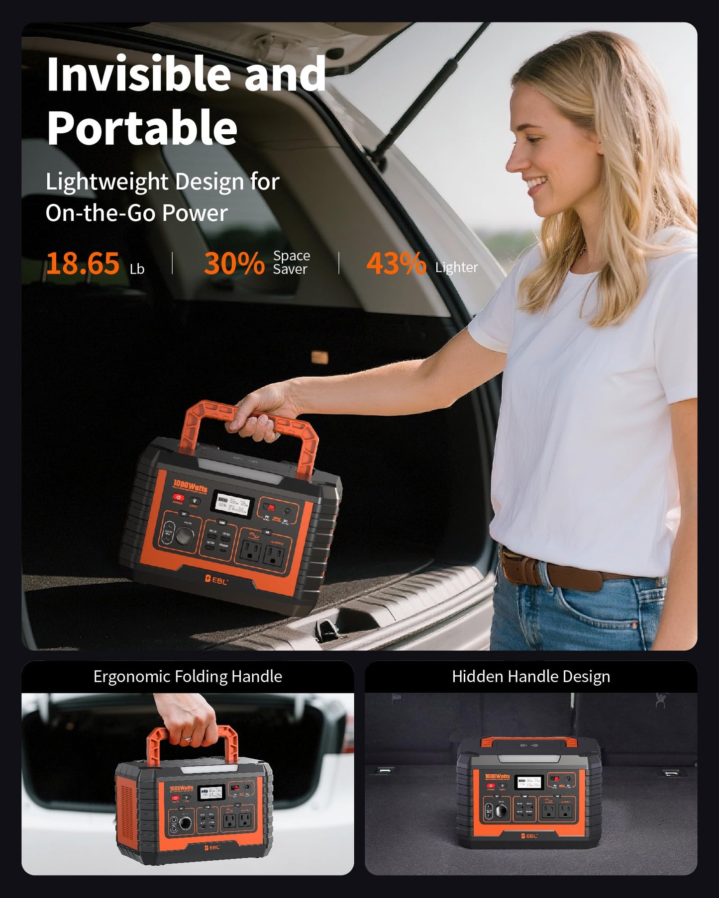 EBL Portable Power Station 1000W, 999Wh Solar Generator 2000W Peak, AC/Wireless Charging/60W USB-C Output, Lithium Battery for Emergency, Home Backup, Camping, RV, Off-Grid Living