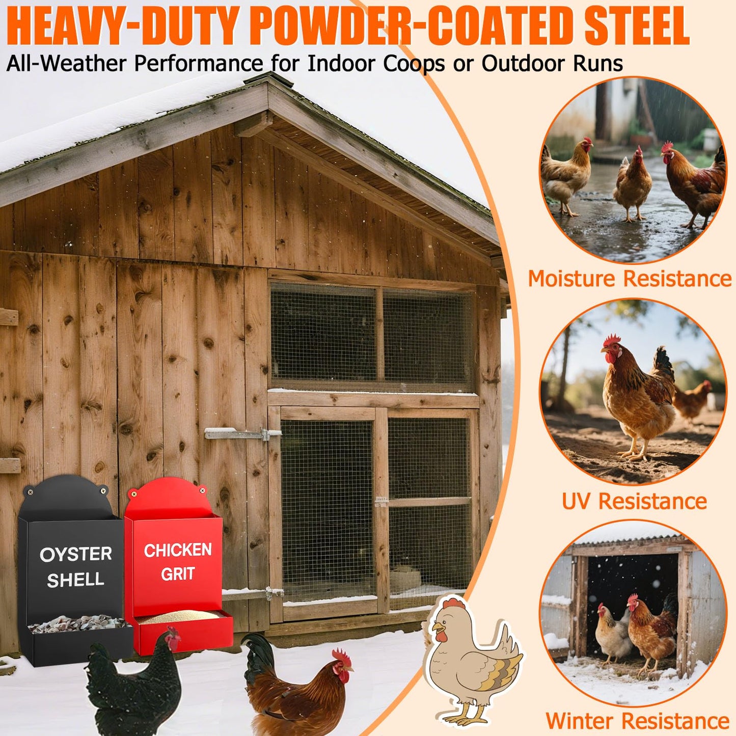 2PCS Chicken Grit Feeder Oyster Shell Feeder, Heavy Duty Metal Automatic Chicken Feeders, No Waste & No Mess, Gravity-Fed Chicks Food Dispenser Hanging Poultry Feeders for Coop Ducks, Pigeons, Doves