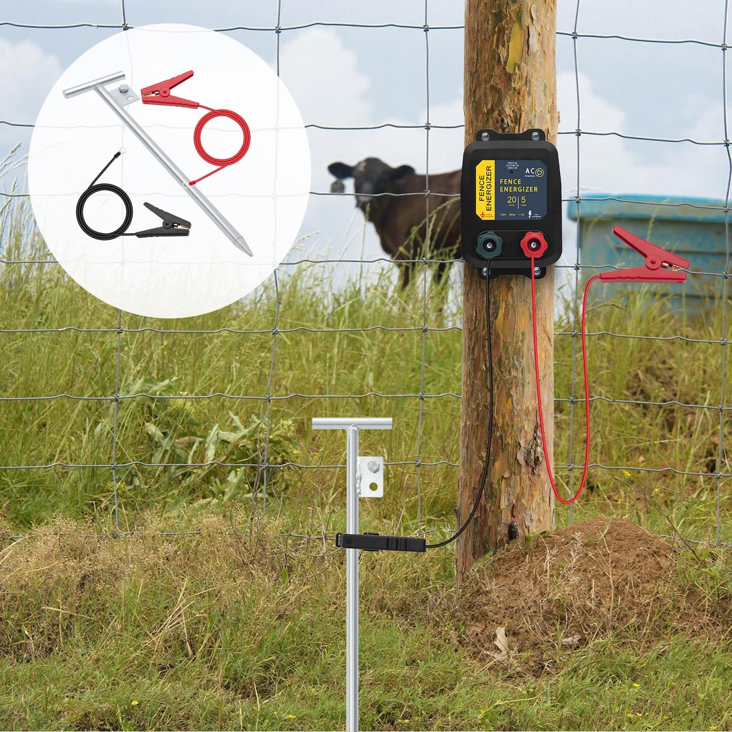 Electric Fence Wire Grounding Rod, Portable Ground Rod with Electric Fence Wire, Solar Electric Fence Lead Wire with Alligator Clip, for Energizer to Fence Wire & Ground System