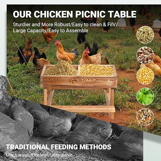 Chicken Feeders with Picnic Table, Handmade Carbonized Wooden Chicken Coop Accessories, Chicken Feeder No Waste, Mesh Bottom Keeps Food Fresh and Dry for Wild Birds, Ducks & Squirrels