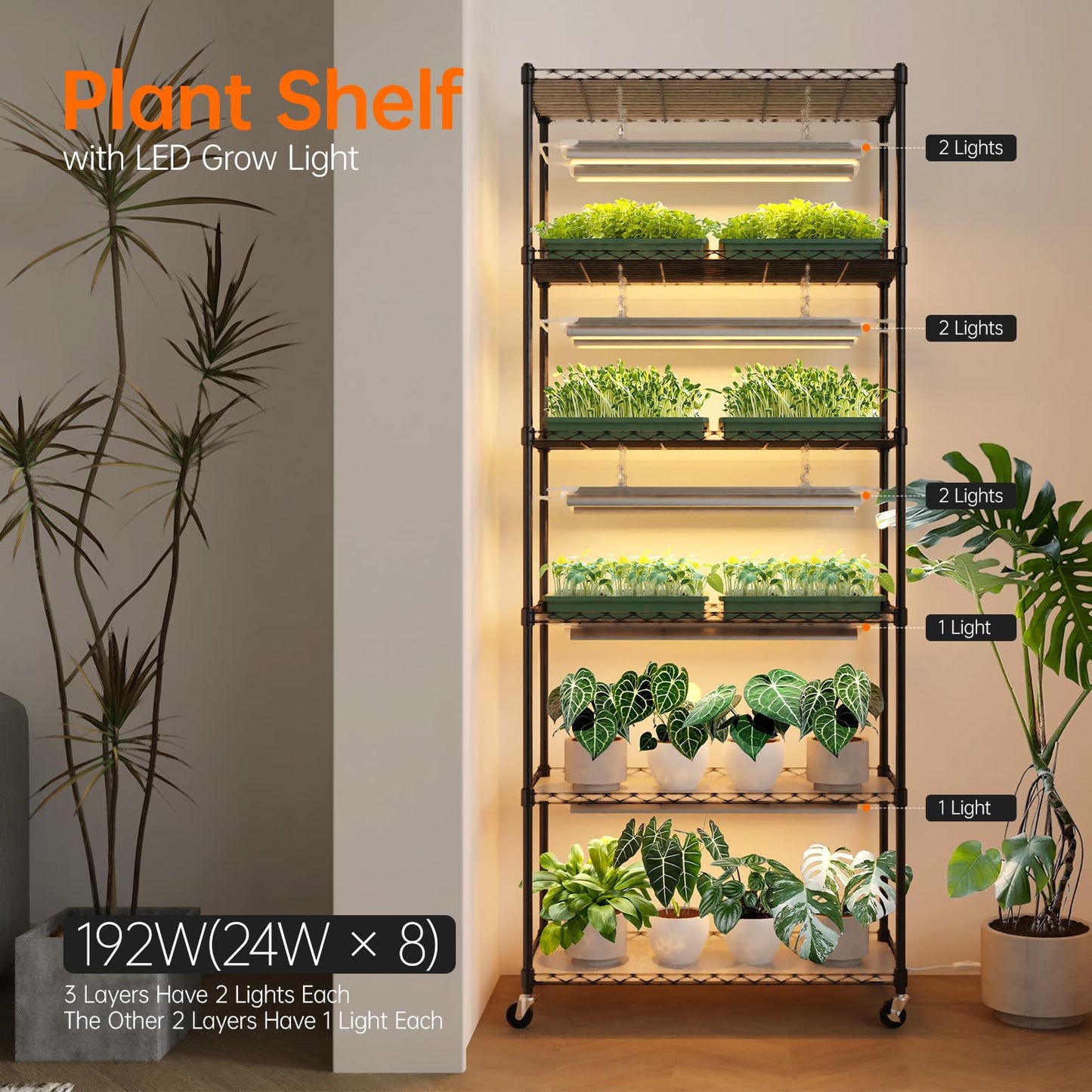 Bstrip DIY Plant Shelf with Grow Lights, Grow Light Shelf with Adjustable Rack and Wheels, Plant Stand, 8-Pack 192W T8 3000K Full Spectrum Grow Lights for Seed Starting,Seed Tray(29.5L x 13.8W x70.9H)