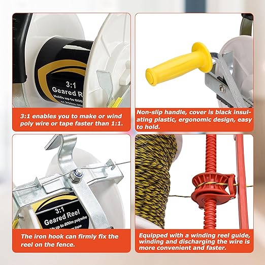 3:1 Geared Electric Fencing Reel, Electric Fence Wire Reel, with Auxiliary Winding Handle, Suitable for Building Farm Fences