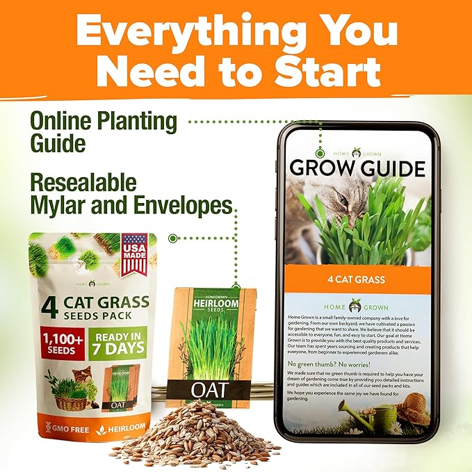 HOME GROWN Cat Grass Seed Mix – Non-GMO Oat, Alfalfa, Rye & Wheat Seeds for Cats | Indoor Pet Grass with Fast Germination | Digestive Aid, Hairball Relief & Safe Chew Alternative