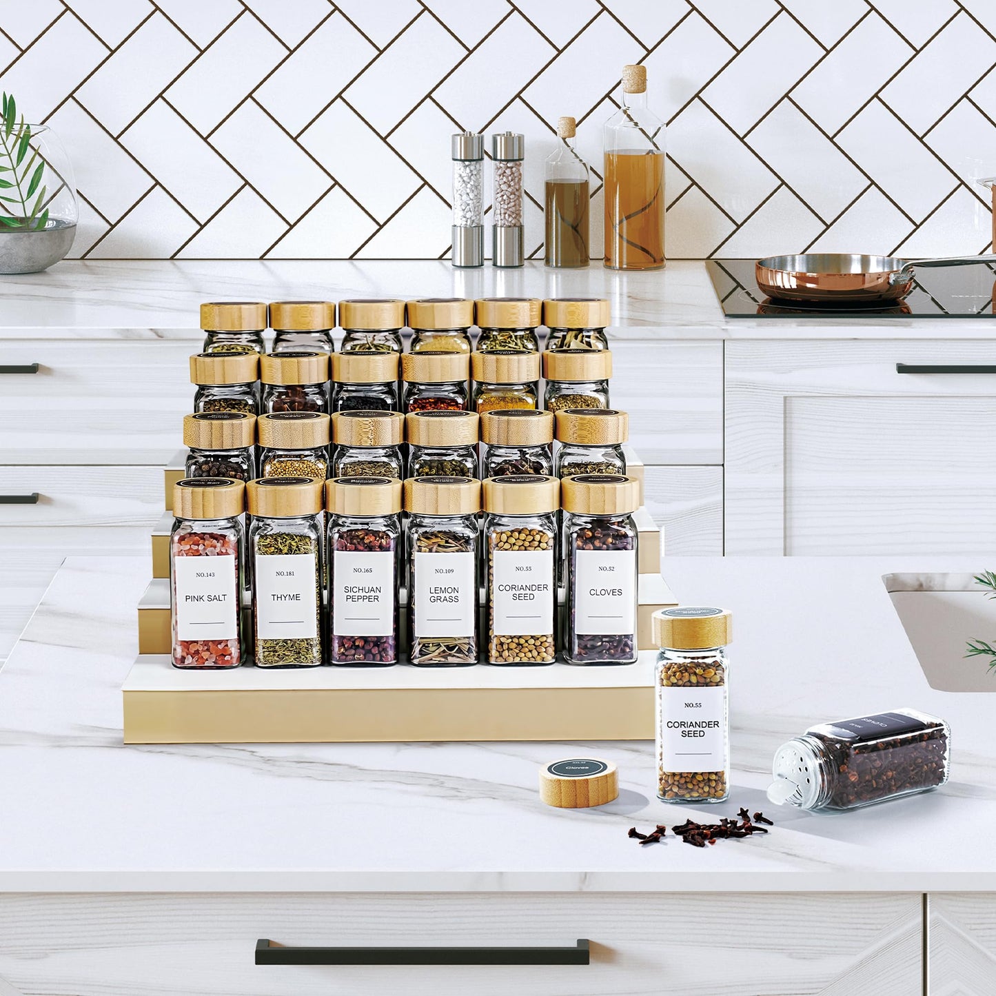 Miuyhji Spice Jars, 24 Pcs 4oz Seasoning Jars with Label, Glass Jars with Bamboo Lids, Spice Containers Bottles with Pepper Grinder & Stainless Steel Funnel for Seasoning Organizer, Cabinet, Drawer
