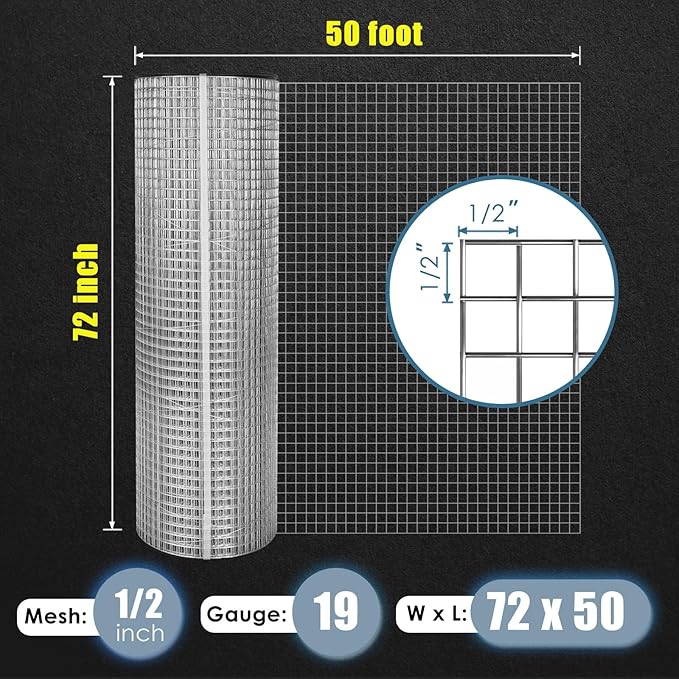 GoldPeak Hardware Cloth 1/2 inch 72 inches x 50 feet 19-Gauge, Chicken Wire Fencing, Galvanized Wire Mesh Roll, Gopher Wire Fence Roll, Mesh & Wire Cloth, Cage Wire, Garden Guard