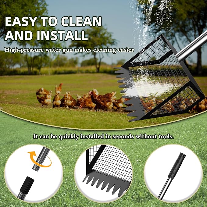 Chicken Coop Rake and Scoop 2-in-1 Chicken Poop Scooper 62" Adjustable Stainless Steel Sifting Shovel for Sand,Animal Waste Heavy Duty Dog Pooper Scooper for Coops & Pets