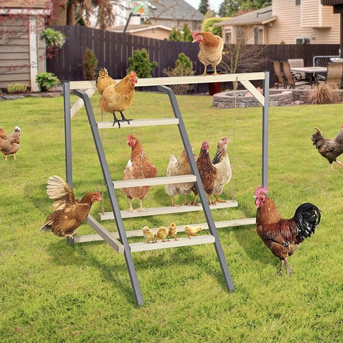 PETSFIT Chicken Perch for Coop-Solid Wood and Rustproof Iron Roosting Bar with Swing - Ideal for Backyard Poultry, Chicken Coops, and Farms-Easy to Assemble and Clean