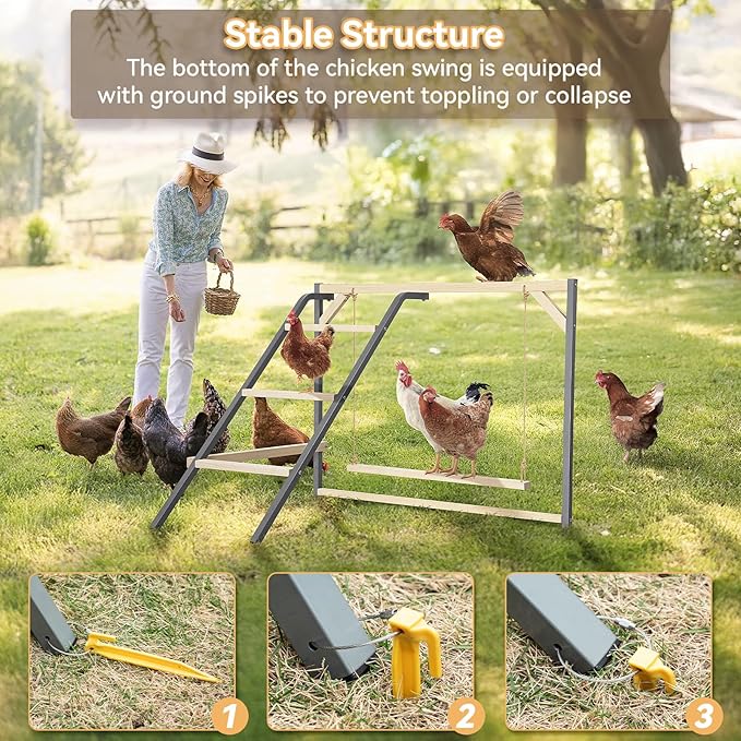 PETSFIT Chicken Perch for Coop-Solid Wood and Rustproof Iron Roosting Bar with Swing - Ideal for Backyard Poultry, Chicken Coops, and Farms-Easy to Assemble and Clean