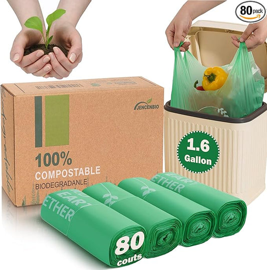 Compost Handle Bags 1.6 Gallon 6Liter Extra Thick 0.6 Mils Compostable Food Scrap Waste Bags with US BPI ASTM D6400 and Europe OK Compost Home Certified Pink 80 Couts