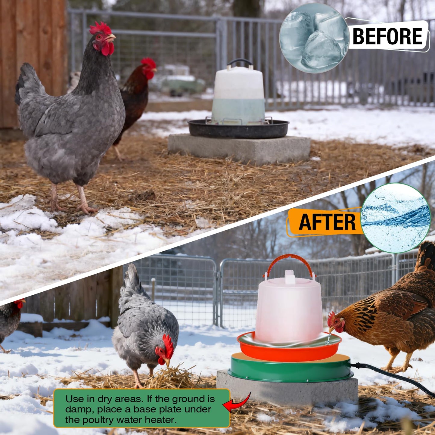 Chicken Water Heater for Winter, 125W Poultry Waterer Heated Base 31.4cm / 12.4in for Metal or Plastic Drinkers 1–5 Gallon, Freeze Proof Thermostat Deicer Chicken Drinker Heater
