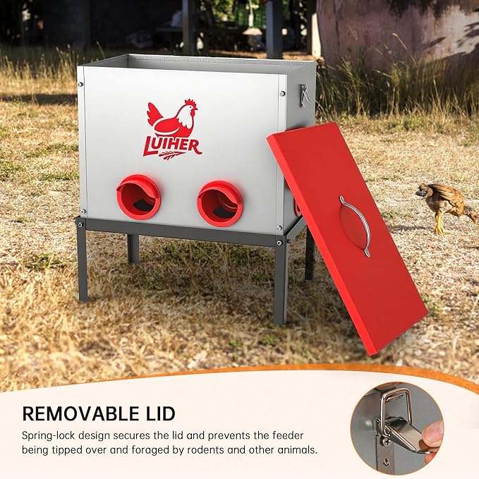 LUIHER Poultry Feeder-25LB no Waste chincken Feeder 6 Ports Large Capacity Galvanized Metal Poultry Feeder with Legs and Lids - Reduces Refilling Frequency Chicken Feeding Equipment for Hen Coop
