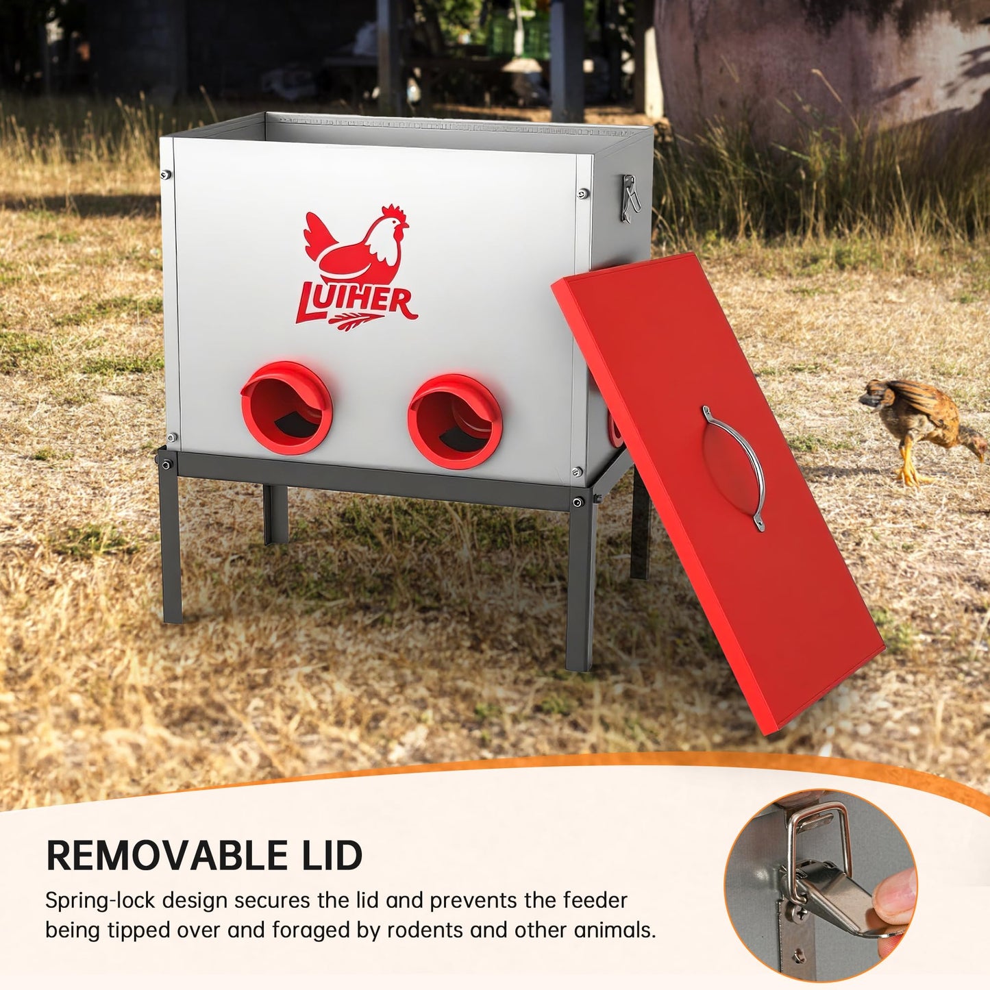 LUIHER Poultry Feeder-25LB no Waste chincken Feeder 6 Ports Large Capacity Galvanized Metal Poultry Feeder with Legs and Lids - Reduces Refilling Frequency Chicken Feeding Equipment for Hen Coop