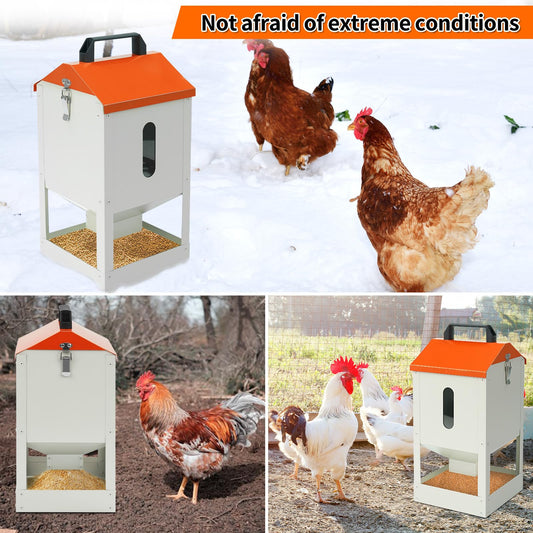 Galvanized Wall Mount Chicken Feeder No Waste Hanging Chicken Feeder with Lid Metal Automatic Poultry Feeder Trough Food Dispenser No Spill Mess Free for Chicken Duck Quail Geese Turkey