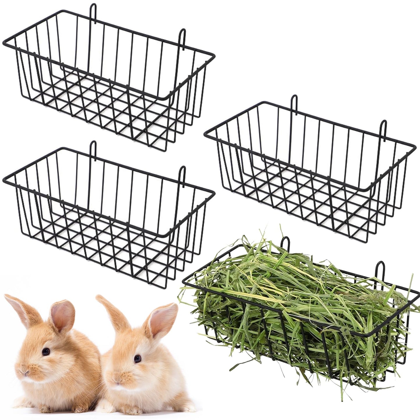 Voittozege 4 Pcs Rabbit Hay Feeder, Heavy Duty Metal Rabbit Hay Rack with Hooks Small Animal Cage Accessories Bunny Hay Feeder Holder Pet Grass Rack for Guinea Pig Chinchillas