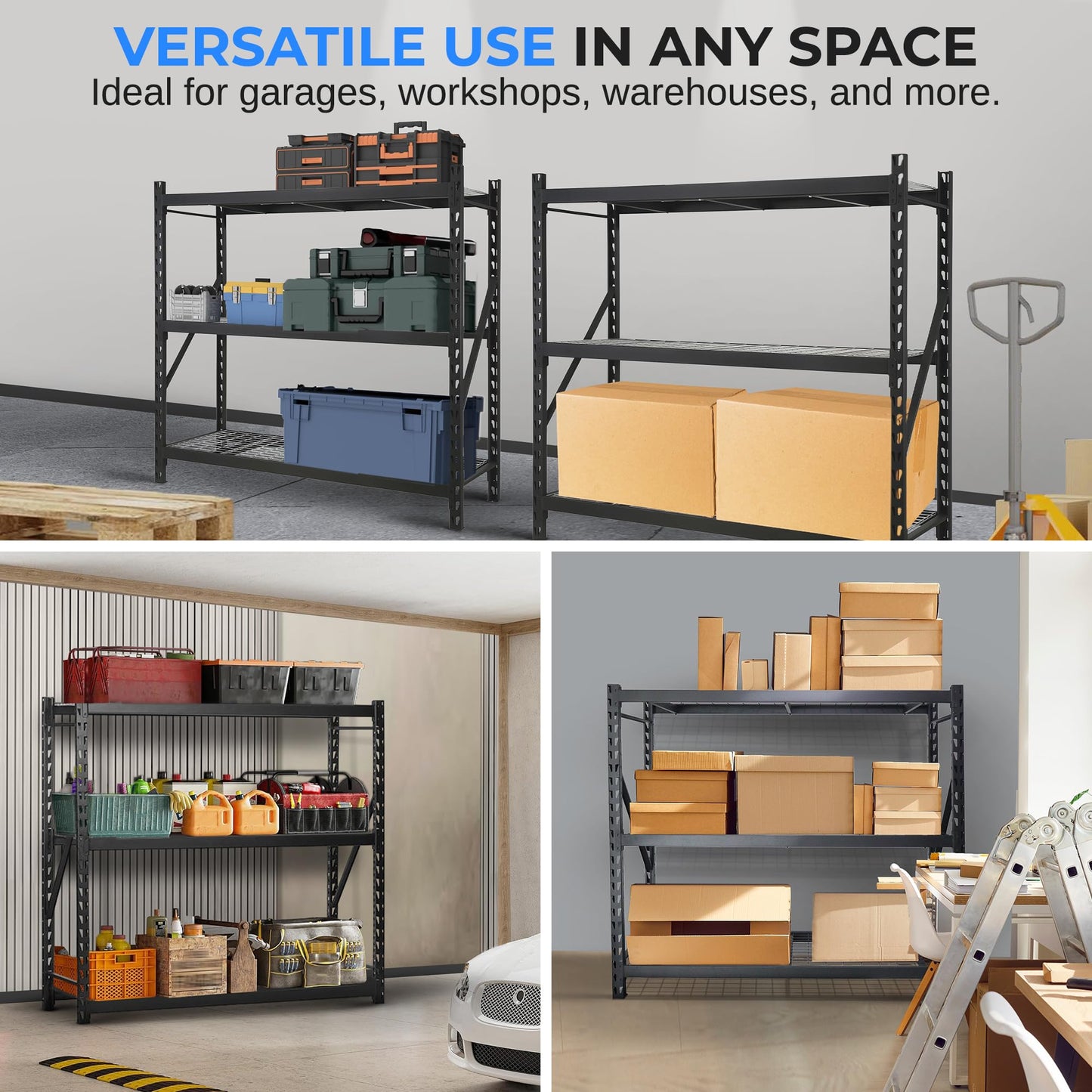SereneLife Heavy Duty 3-Tier Metal Garage Shelving | 24" x 77" x 72" Extra Wide Adjustable Storage Utility | Freestanding Bulk Storage Rack | Open Wire Mesh Design | 2000 lbs. Capacity