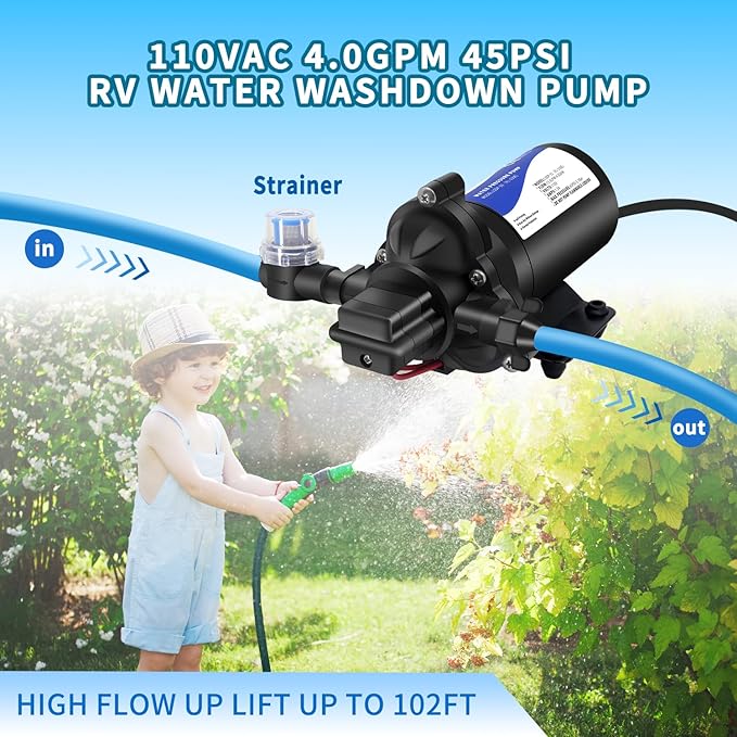 110V RV Fresh Water Transfer Pump for garden Hose Pool Draining Irrigation Diaphragm Pump 4.0GPM 45PSI Water Pressure Booster Pump On Demand Diaphragm Washdown Pump