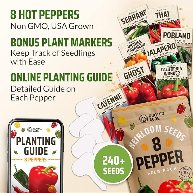 HOME GROWN Banana Pepper + Rooted Acre 8 Hot Peppers Variety Pack – 320+ Non-GMO Heirloom Seeds – Sweet & Spicy Peppers for Indoor/Outdoor Growing – High Germination USA-Sourced Seeds