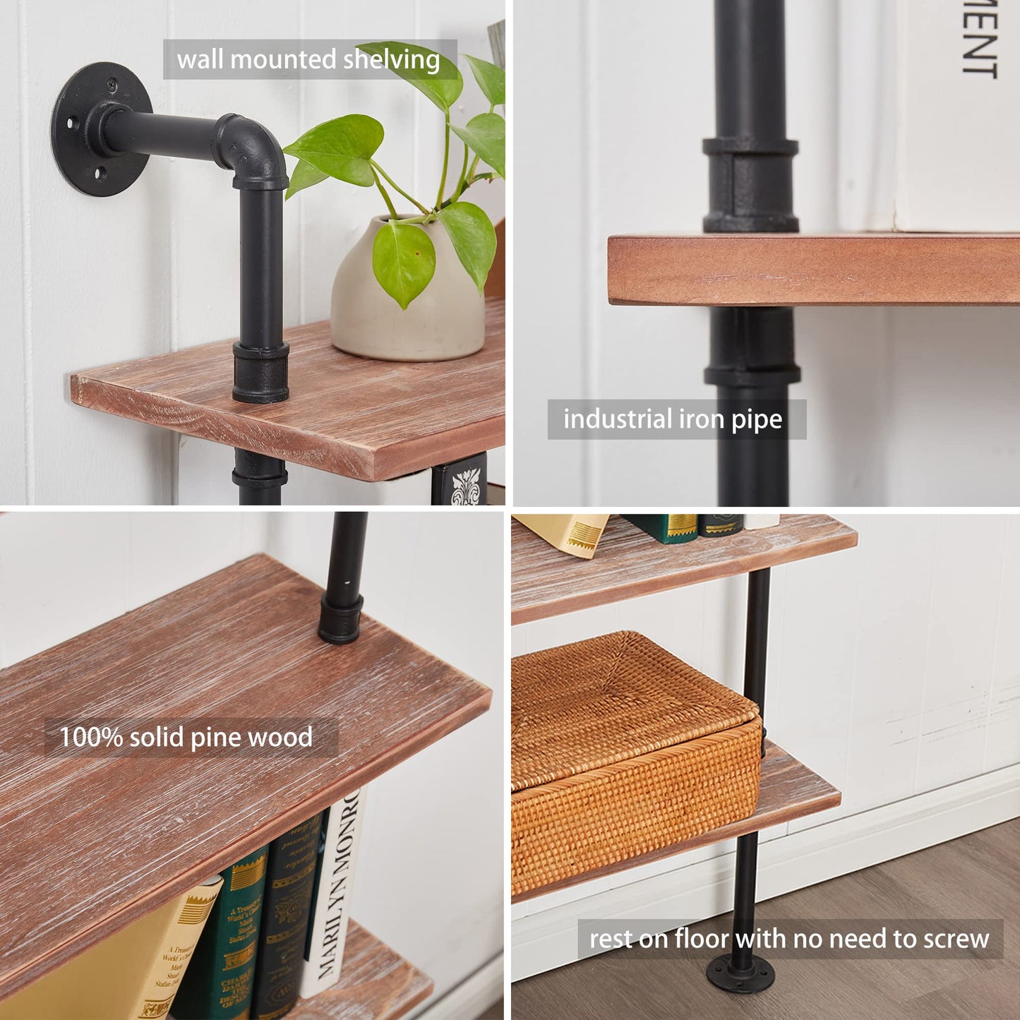 Anynice Industrial Ladder Shelf Bookcase, Wall Mounted Rustic Bookshelf, Retro Wood Metal Pipe Industrial Shelves for Living Room(Weathered Brown, 6 Tier - 10" D x 70" W x 82.5" H)