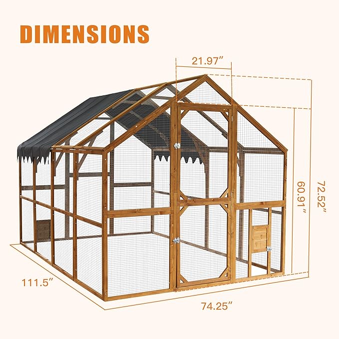 109.6'' Large Wood Chicken Coop Enclosures,Walk-in Poultry Cage, Chicken Run Pen Duck House with Waterproof and Anti-Ultraviolet Cover for Outdoor Farm Use Spire Roof, Yellow