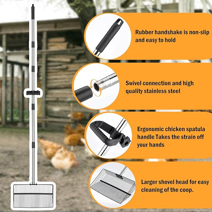 15 Inch Large Chicken Poop Scooper, Chicken Coop Scooper with 38" to 76" Adjustable Stainless Steel Handle, Litter Sifting Shovel for Chicken Coop, Farm, Sheep Pen, Cat Litter, Stable Cleaning