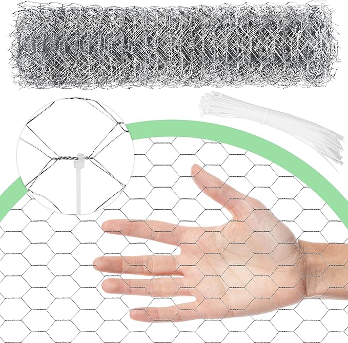 Chicken Wire 15.7 in x 393.7 in Poultry Wire Netting Hexagonal Galvanized Mesh Garden Fence Barrier for Pet Rabbit Chicken Fencing with 100 Pcs Cable Zip Ties