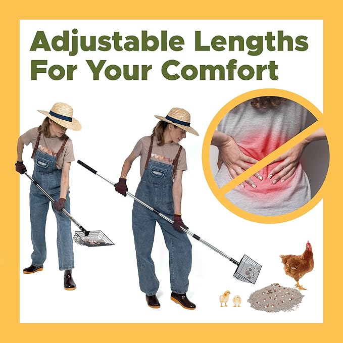 Chicken Poop Scooper for Sand, ¼" Slotted Fine Sifter & Durable Chicken Coop Scoop, Sifting Shovel, Coop Pooper Scooper, Metal Sand Sifter Shovel for Poultry Litter, 2-in-1 Poop Scoop and Rake Tool