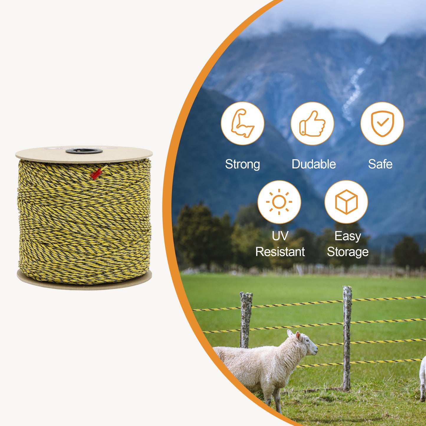 HENGTONG Electric Fence Poly Wire 1640ft 500m, 6 x 0.18mm Stainless Steel Conductors, Portable Electric Fence Polywire for Livestock, Yellow and Black Fence Wire