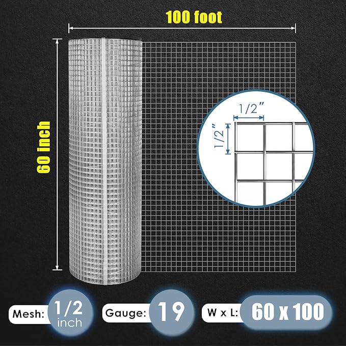 GOLDPEAK GoldPeak Hardware Cloth 60 inches x 100 Foot with 1/2 inch Mesh 19 Gauge - Chicken Wire Fencing Galvanized Wire Mesh Roll Gopher Wire Raised Garden Bed Rabbit Wire