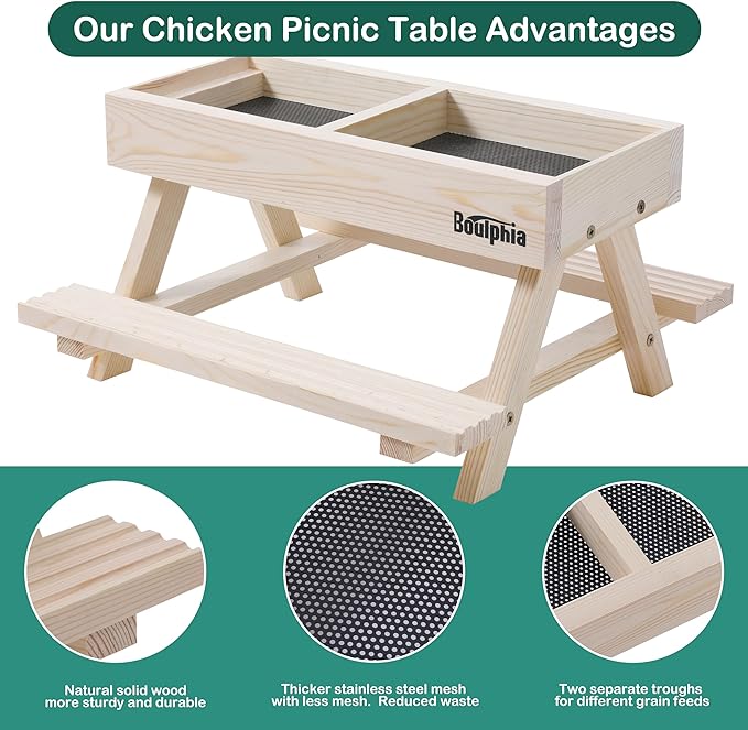 Chicken Feeders and Waterers, Chicken Feeder No Waste Kit with Picnic Table and 2 Water Feeder, Handmade Wooden Chicken Supplies & Accessories for Chicken Coop