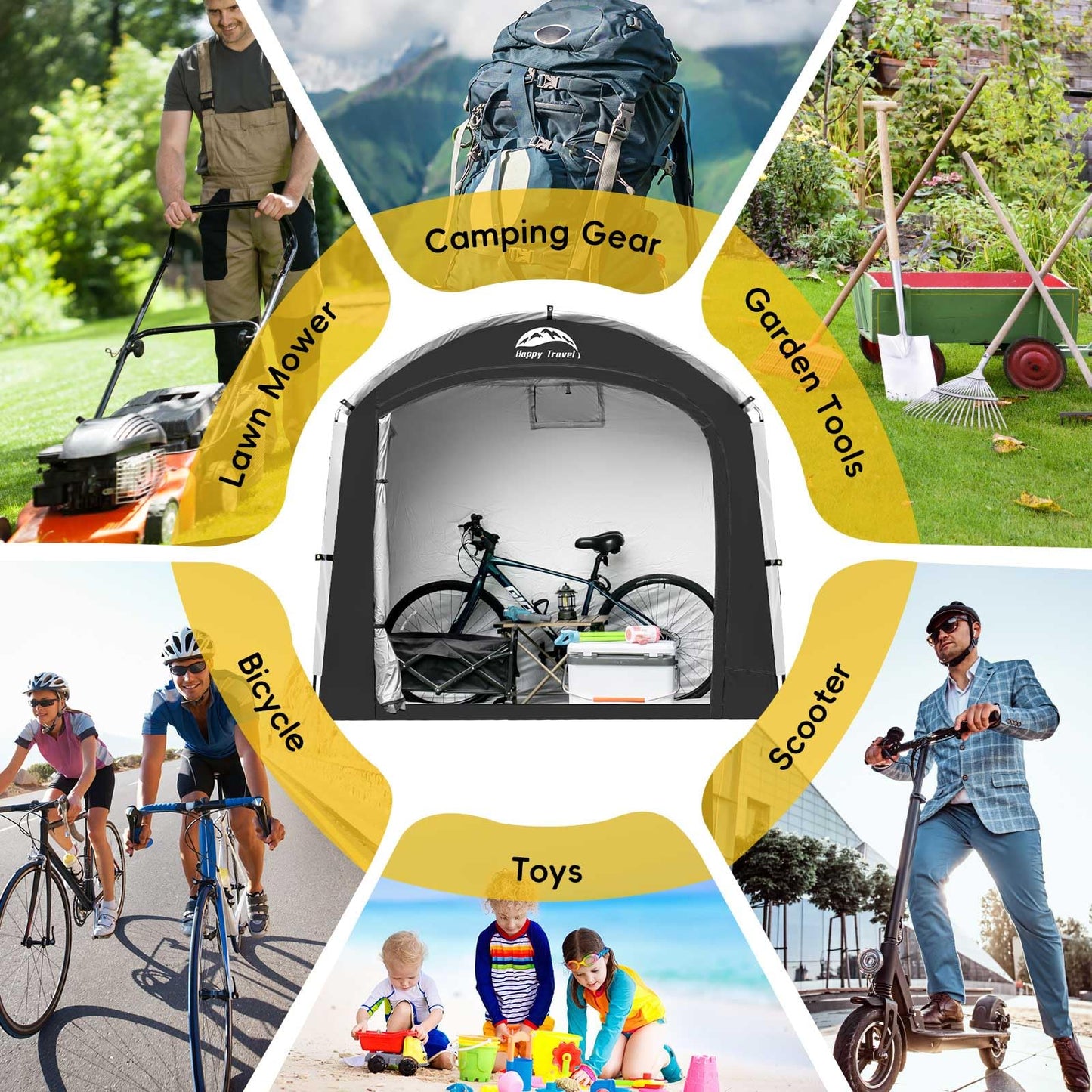 Happy Travel Bike Storage Shed Tent,Outdoor Portable Bicycle Storage Sheds with 210D Oxford Fabric PU4000 Waterproof for 2/3/4/6/8 Bikes,Bike Covers Shelter for Motorcycle,Garden Tools,Toys,Lawn Mower