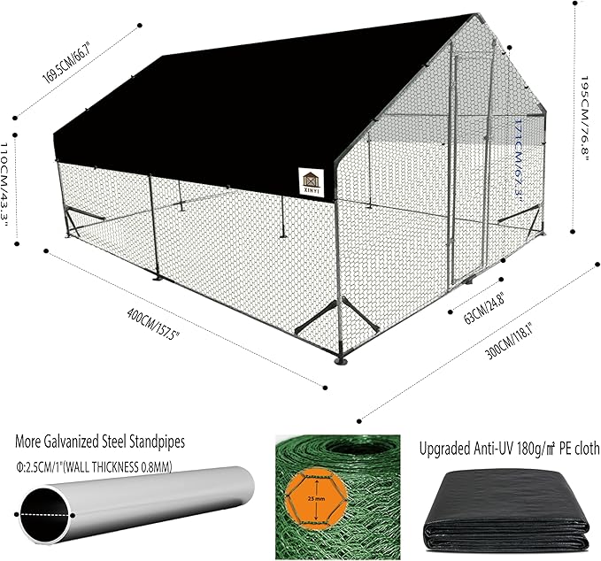 Chicken Coop Large Metal Chicken Run, Upgraded Anti-UV 180g/㎡ PE cloth & 1.1mm Thickened PVC-Coated hexagonal chicken Wire Mesh & More Galvanized Steel Standpipes, walk-in chicken coop, 13.1×9.8×6.4FT