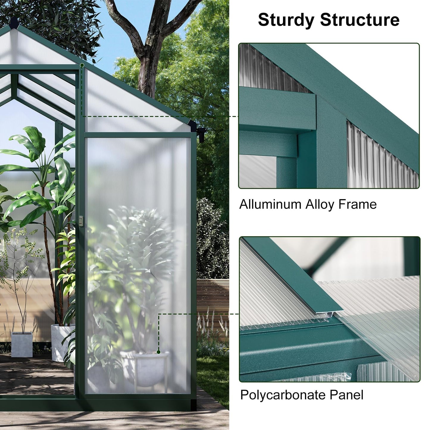 EcoSummer Greenhouse for Outdoors 8 x 6.25 Ft, Polycarbonate Greenhouse with Lock, Roof Windows Vent and Rain Gutter, Aluminum Large Walk-in Green Houses, for Patio Garden Backyard Outside, Green