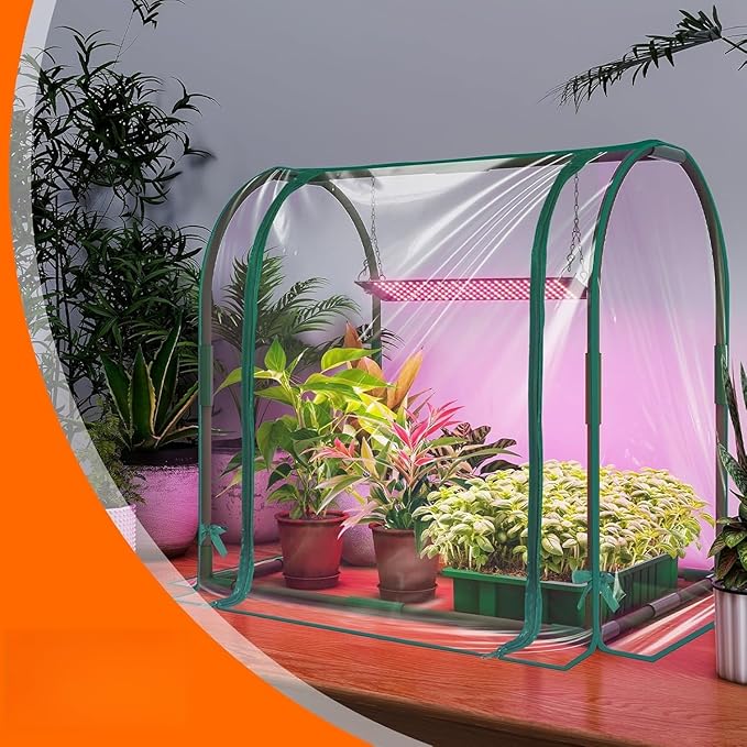 Bstrip Mini Indoor Greenhouse with Grow Lights, 27.2" L X 19.9" W X 27.2" H Desktop Small Greenhouse with Zippered Door and PVC Cover for Seed Starting, 1.6FT Plant Light for Indoor Plants with Timer