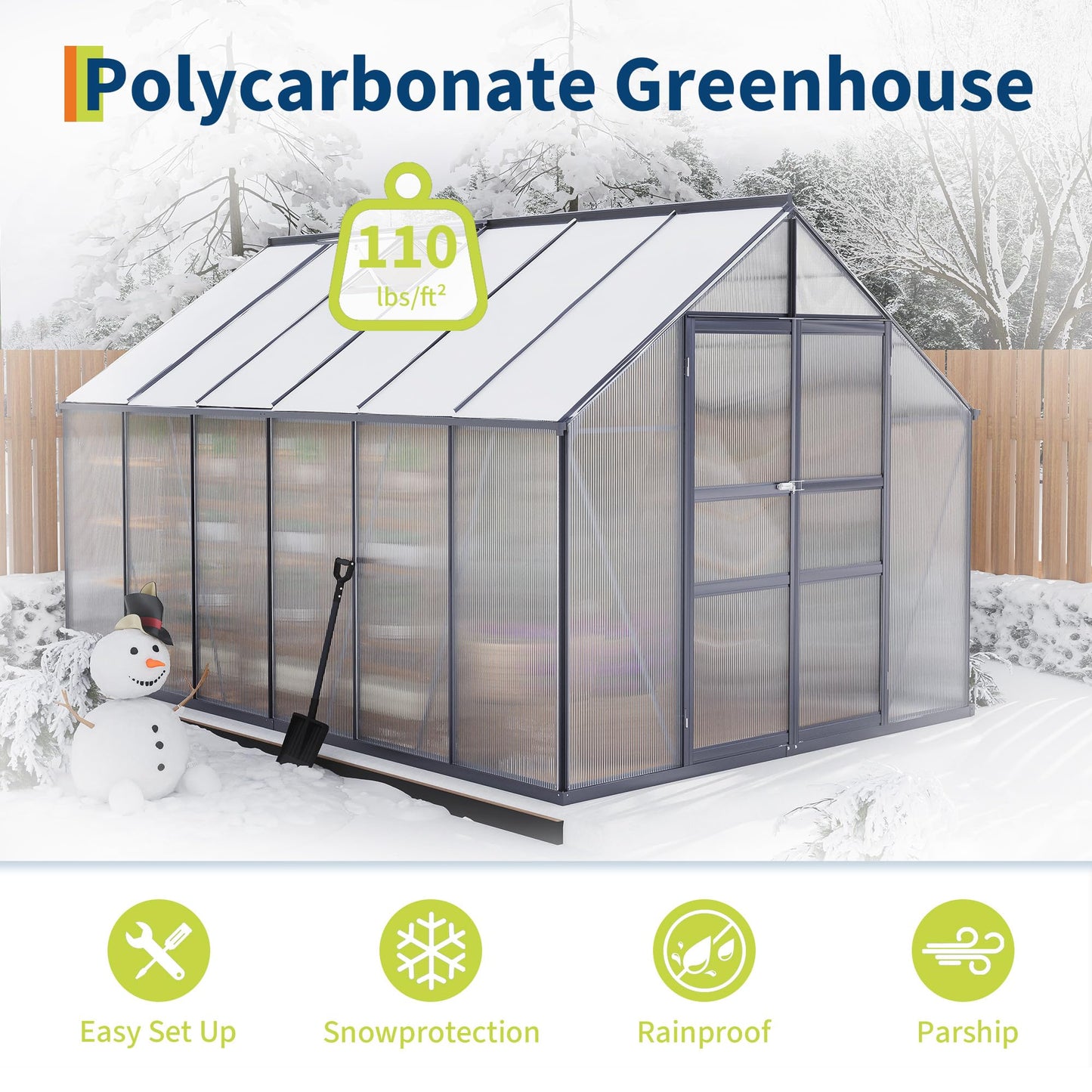 Large Greenhouse for Outdoors 8x12 FT, Polycarbonate Green House with Roof Vent and Quick Setup Structure, Aluminum Greenhouse Kit for Garden Backyard