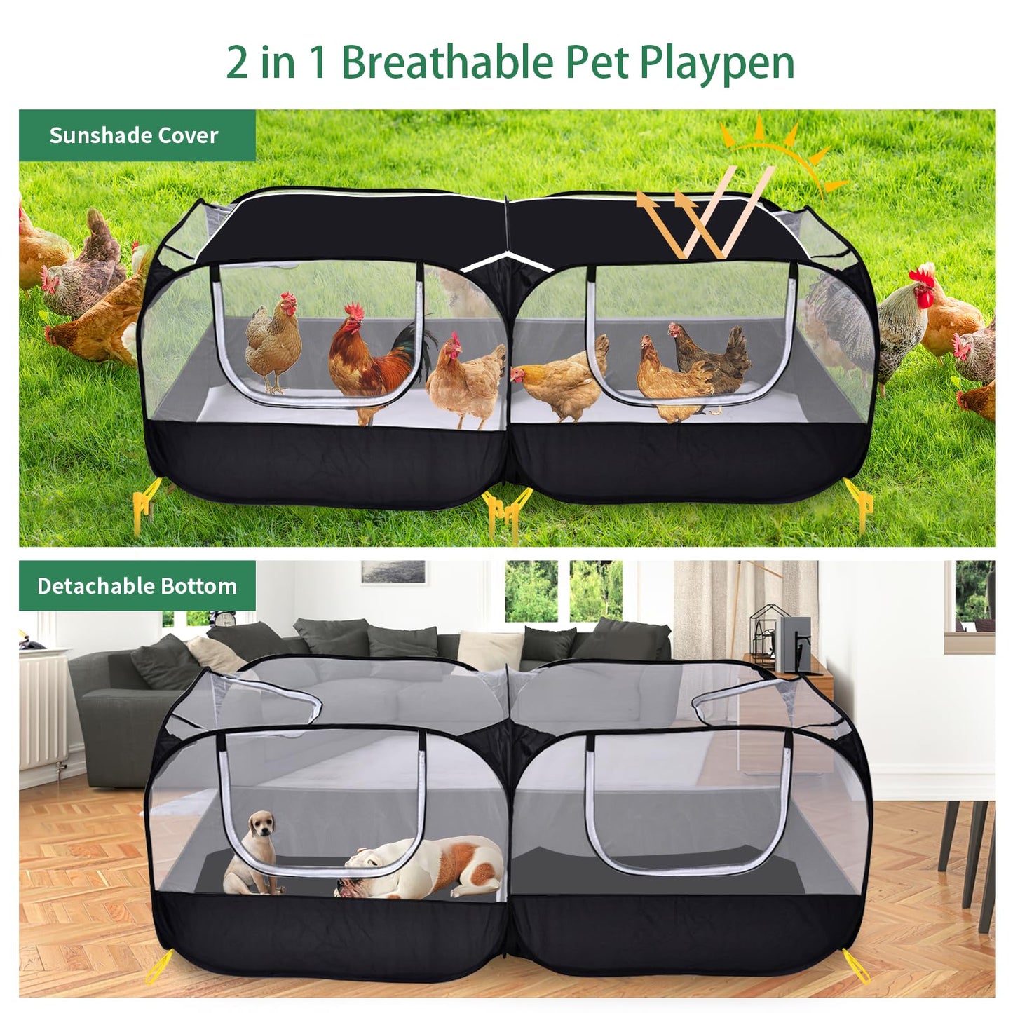 Jhua Pet Playpen for Small Animals, Portable Chicken Run with Detachable Bottom and Cover, Foldable Chicken Coop Indoor Outdoor Pet Pen with Transparent Mesh Walls for Chicken Duck Puppy Cat Rabbit