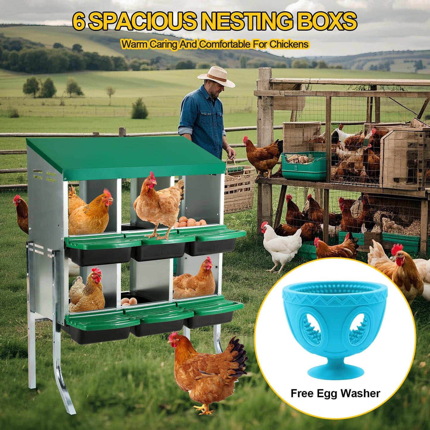 YeeJinHong Two-Tier Chicken Nesting Box,6 Hole Metal Chicken Egg Laying Box with Swing Perch and Rollout Egg Collection Protect Eggs