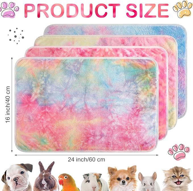 Reginary 4 Pcs Waterproof Guinea Pig Blankets Washable Small Animal Fleece Bedding Absorbent Guinea Pig Cage Liners Reusable Pet Pee Pad Sleep Mat for Hamster Ferret(Tie Dye Pattern,24 x 16 Inch)