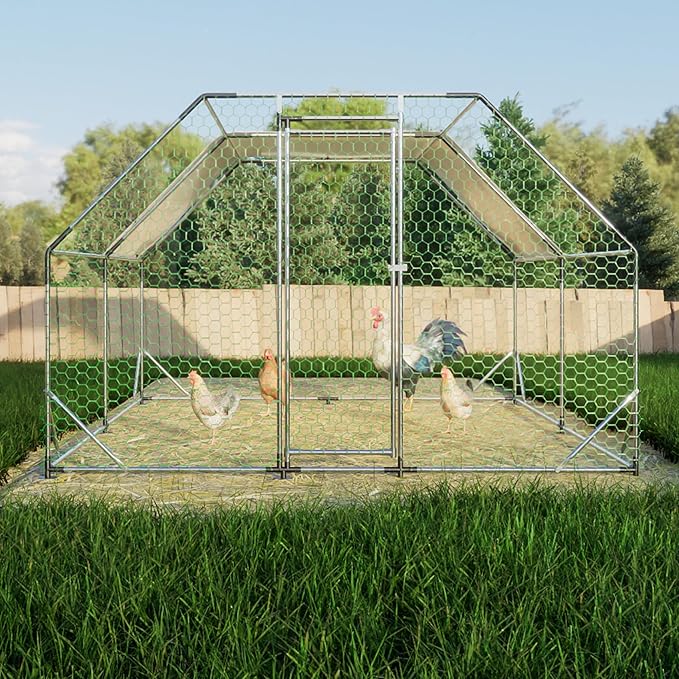 Large Metal Chicken Coop,10x13x6.36 ft Walk-in Chicken Runs for Yard with Waterproof Cover, Flat Shaped Chicken House with Door for Outdoor and Backyard, Farm, Duck Rabbit Cage