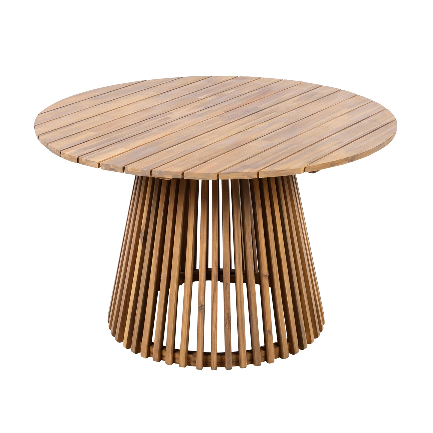 Christopher Knight Home Briar Farmhouse Acacia Wood Round Dining Table, Patio Dining Room Table with Unique Wooden Base for Backyard/Garden, Slatted Design Outdoor Dining Table, Light Teak
