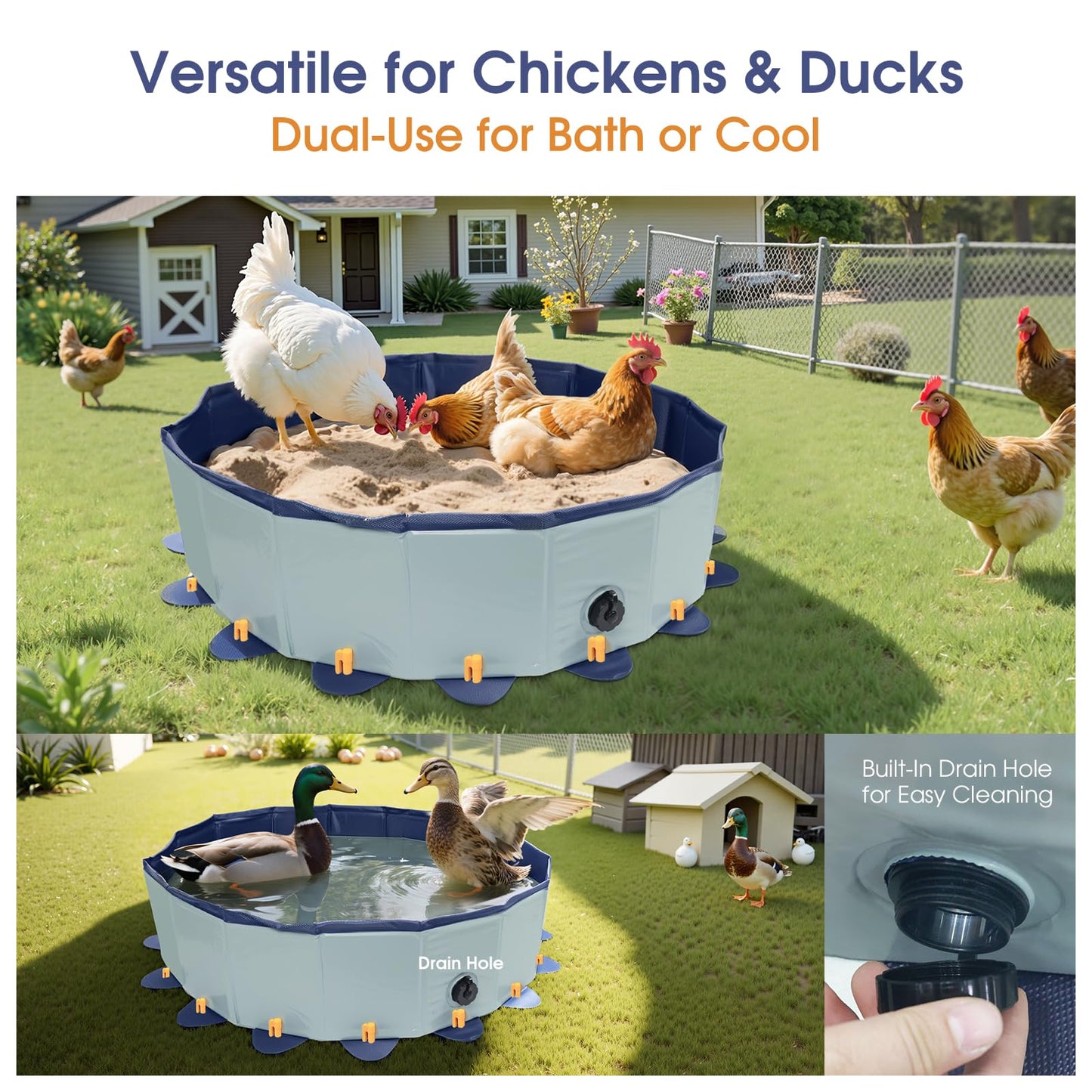 Chicken Dust Bath Tub, 31.5'' D * 7.9'' H Chicken Dust Bath Container with 16 Ground Stakes, Foldable Design, Tough PVC, Dust Bath for Chicks, Chicken House Cleaner Container, Chicken Coop Accessories