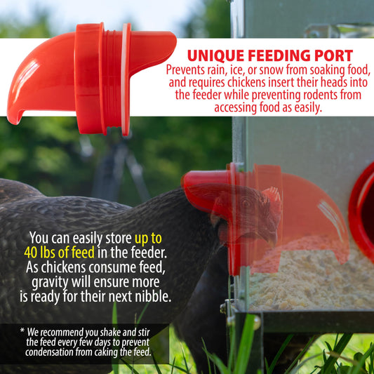 GSHWXD Automatic Chicken Feeder - 40 lb Capacity 6 Port Large Metal Chicken Feeders - No Waste Poultry Feeder with Locking Lid and Legs for Inside Chicken Coops