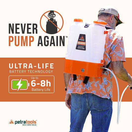 PetraTools Battery Powered Backpack Sprayer 4 Gallon - 6 Hours Long Battery Life & Padded Straps for Comfort - HD4000 Electric Backpack Garden Sprayer with 6 Spray Nozzles (HD4000 with Cart)
