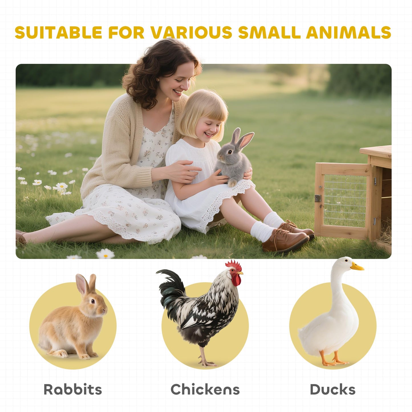 PawHut 46" x 24" Wooden A-Frame Outdoor Rabbit Hutch, Small Animal Cage, Bunny Hutch with Outside Run & Ventilating Wire, Yellow