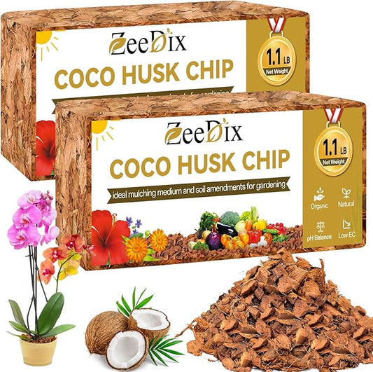 Zeedix 2 Pack Coco Husk Chips for Plants(2.2LB), 100% Organic Coconut Chips Mulch with Low EC & PH Balance, All Purpose for Indoor Plant Flowers Herbs Vegetables, Reptiles Terrarium Tanks Substrate
